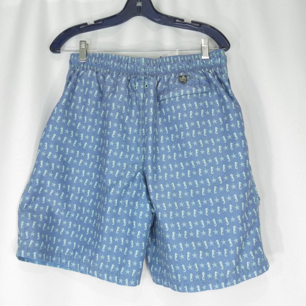 Nat Nast Swim Shorts Trunks Medium Blue Green Pockets Seahorse Print NO LINING